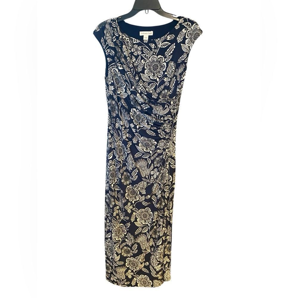 Coldwater Creek Sz 6 Navy Blue Floral Ruching Front Side Slit Maxi Dress